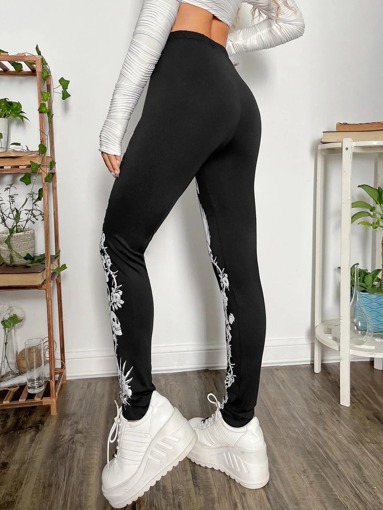Goth Skull Print Ankle Leggings - Slim Dark Style Stretch Fit