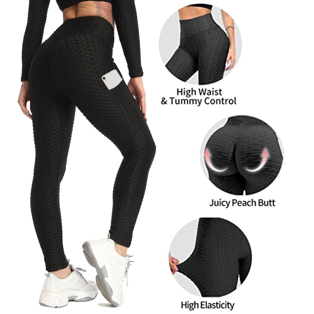 Honeycomb High-Waist Leggings with Pockets - Stretch Workout Tights