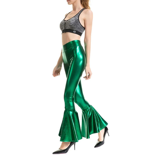 Plus Size Wet-Look Holographic Faux Leather Flare Pants - Women's Sculpting Statement Bottoms