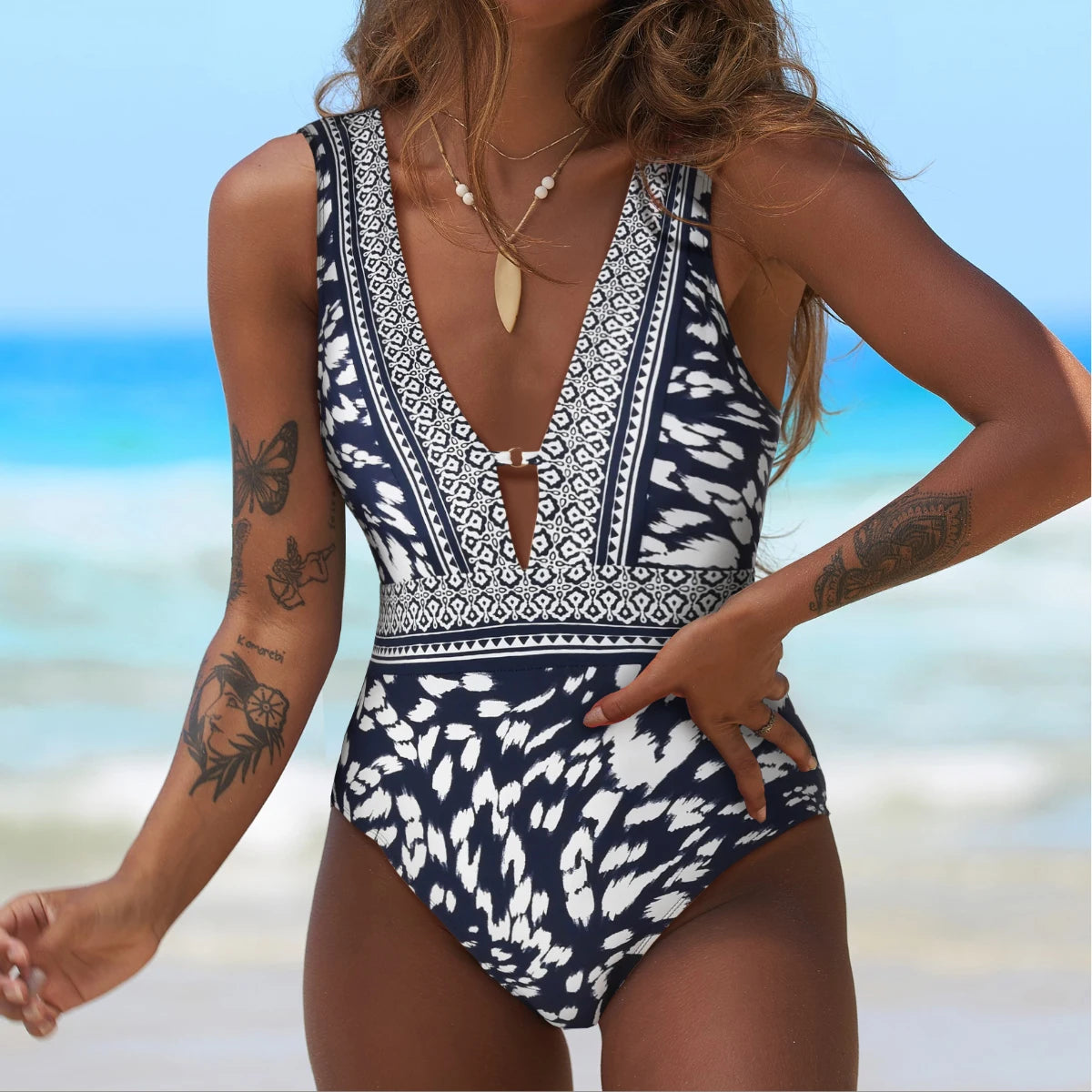 Patchwork Push-Up One-Piece Swimsuit - Bold Monokini Style