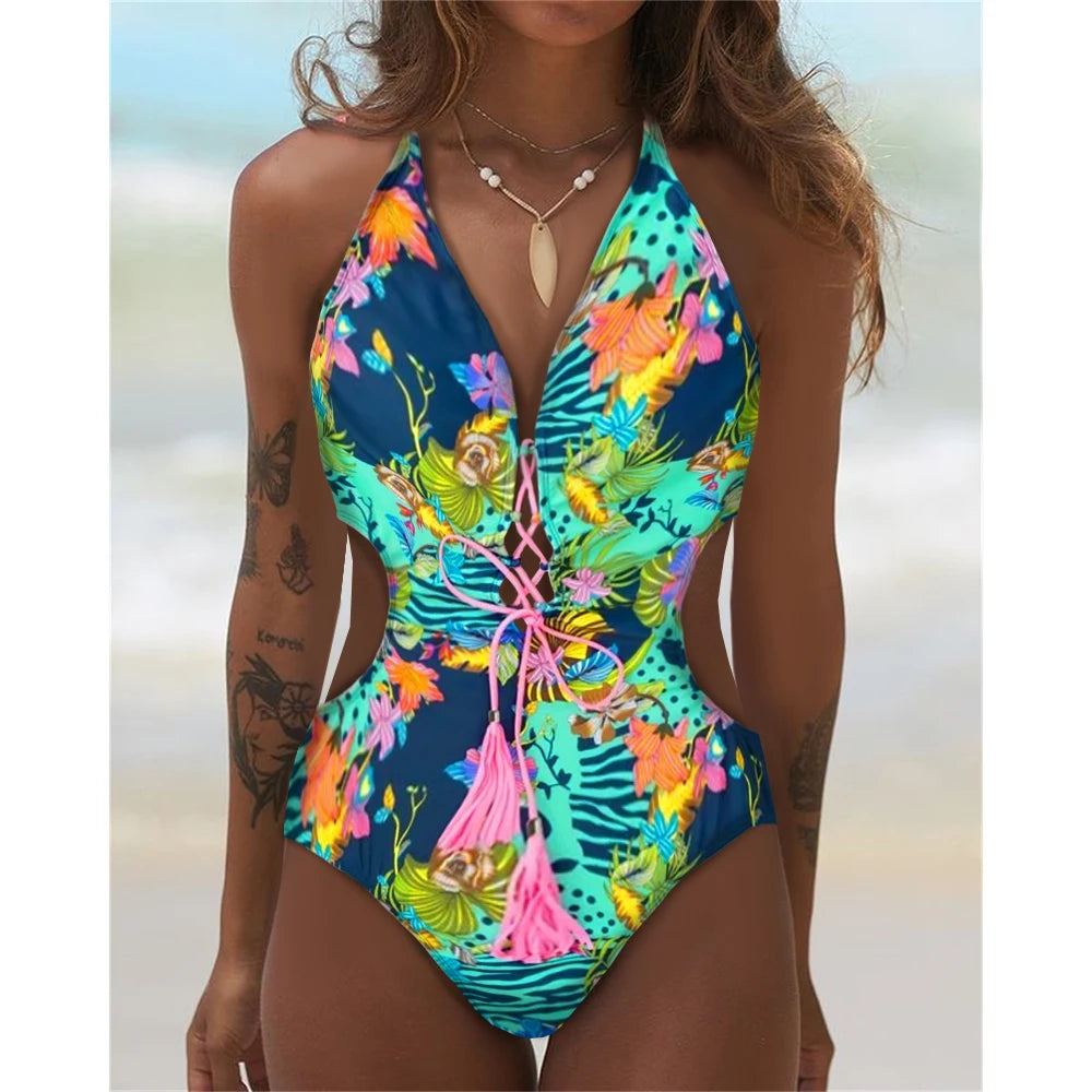 Patchwork Push-Up One-Piece Swimsuit - Bold Monokini Style