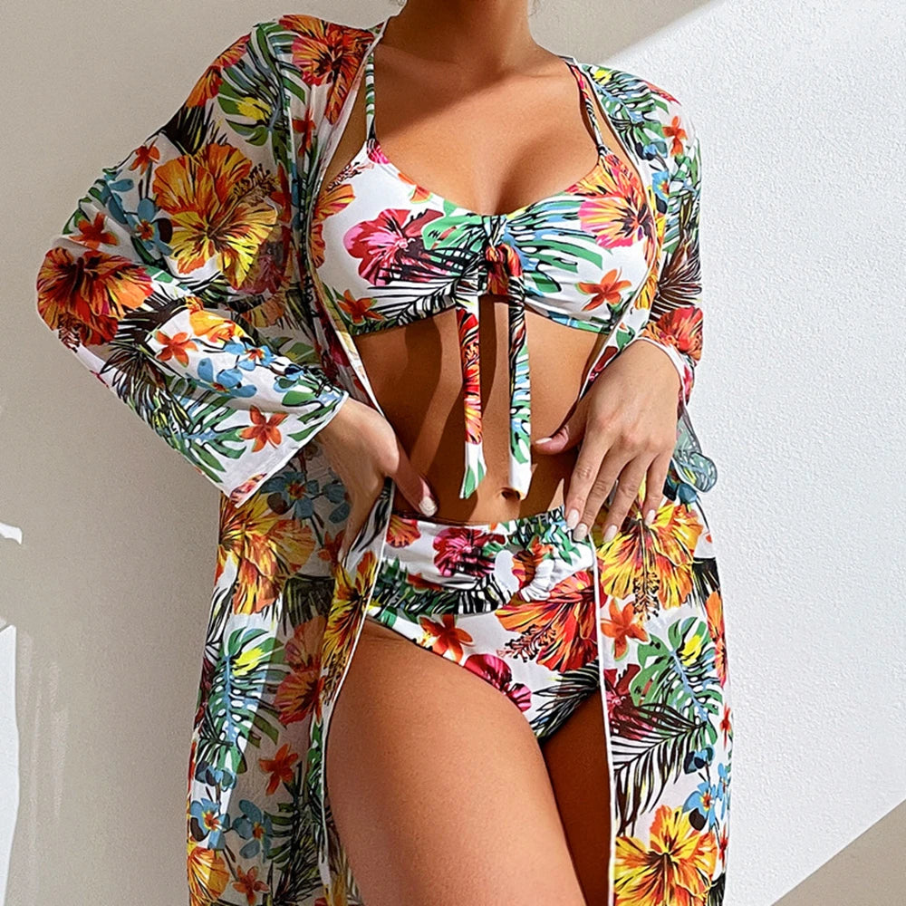 Floral 3-Piece High-Waist Bikini Set - Mesh Long Sleeve Cover-Up