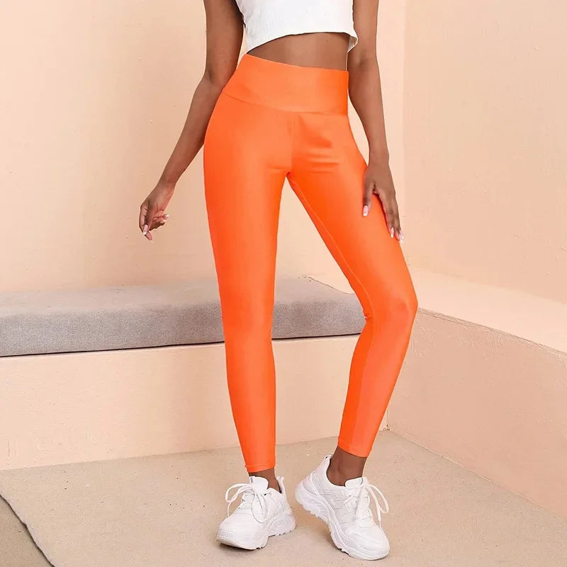 Metallic Luster High-Waist Leggings - Shiny Y2K Pencil Fit