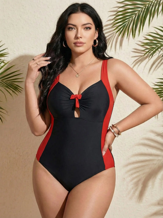 Plus Size Color-Block Bow One-Piece Swimsuit - Tummy Control Fit