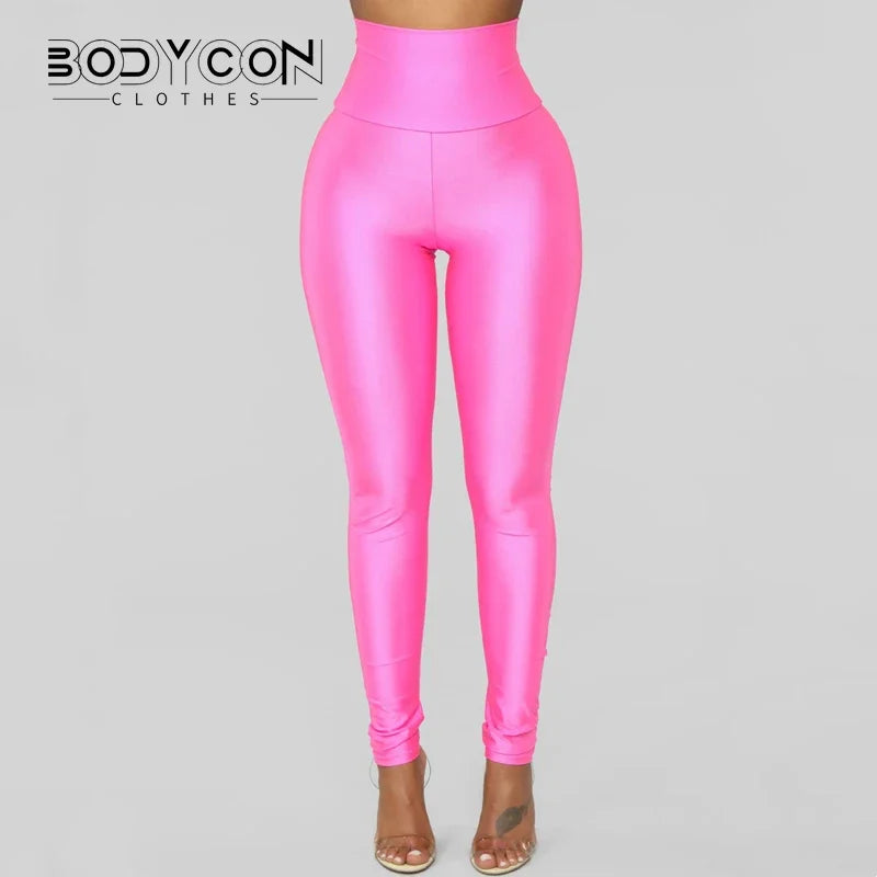 Metallic Luster High-Waist Leggings - Shiny Y2K Pencil Fit