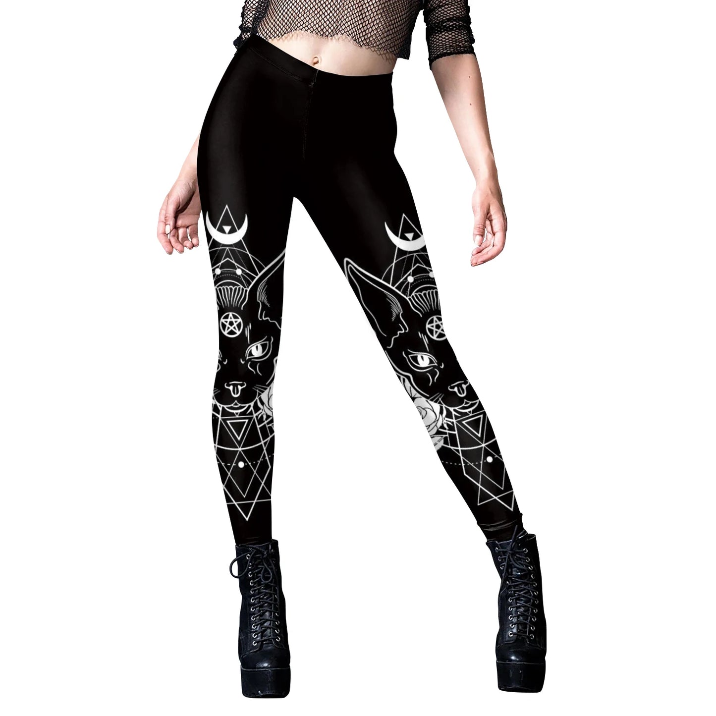 Black Ouija Gothic Leggings - Mid-Waist Stretch Alternative Style