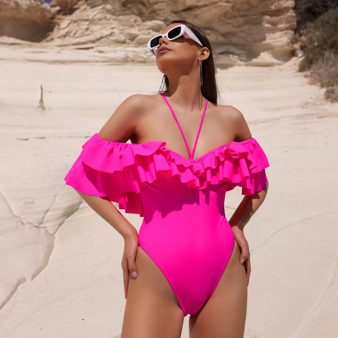 Off-the-Shoulder Ruffle One-Piece Swimsuit - Solid Monokini