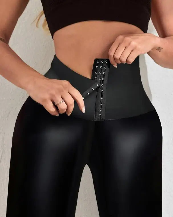 Plus Size High-Waist Tummy-Control Faux Leather Leggings - Women's Sculpting Statement Bottoms