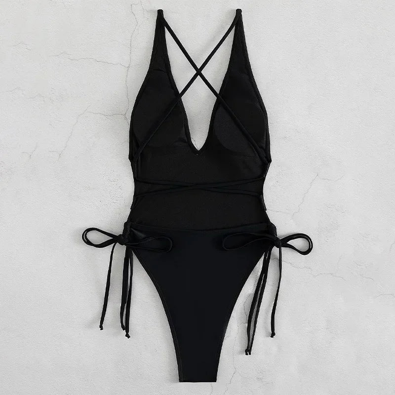 Plunging Lace-Up One-Piece Monokini Swimsuit - Solid Beachwear