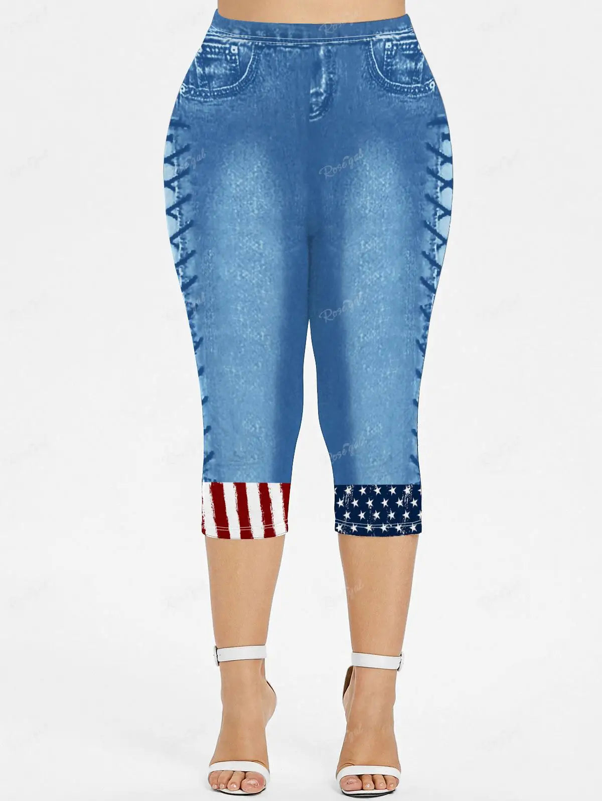3D Denim Capri Leggings - High-Waist Plus Size Stretch Fit