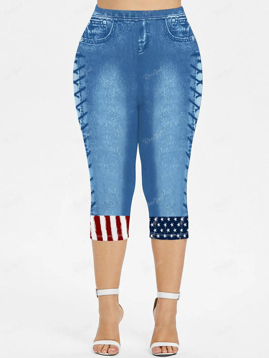 3D Denim Capri Leggings - High-Waist Plus Size Stretch Fit