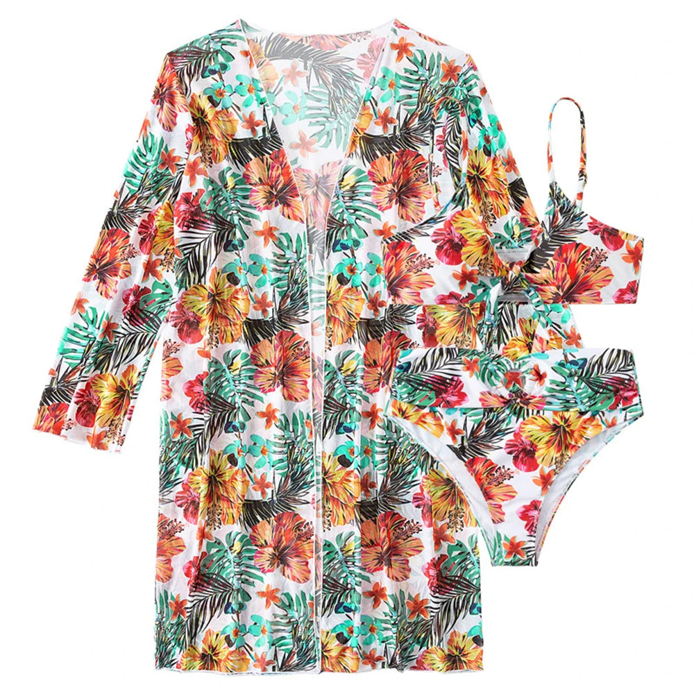 Floral 3-Piece High-Waist Bikini Set - Mesh Long Sleeve Cover-Up