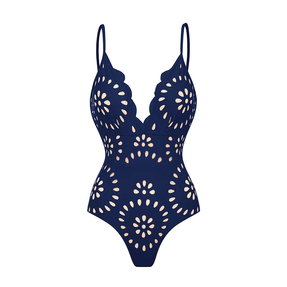 Deep V-Neck One-Piece Swimsuit with Skirt - Laser Cut Floral Detail