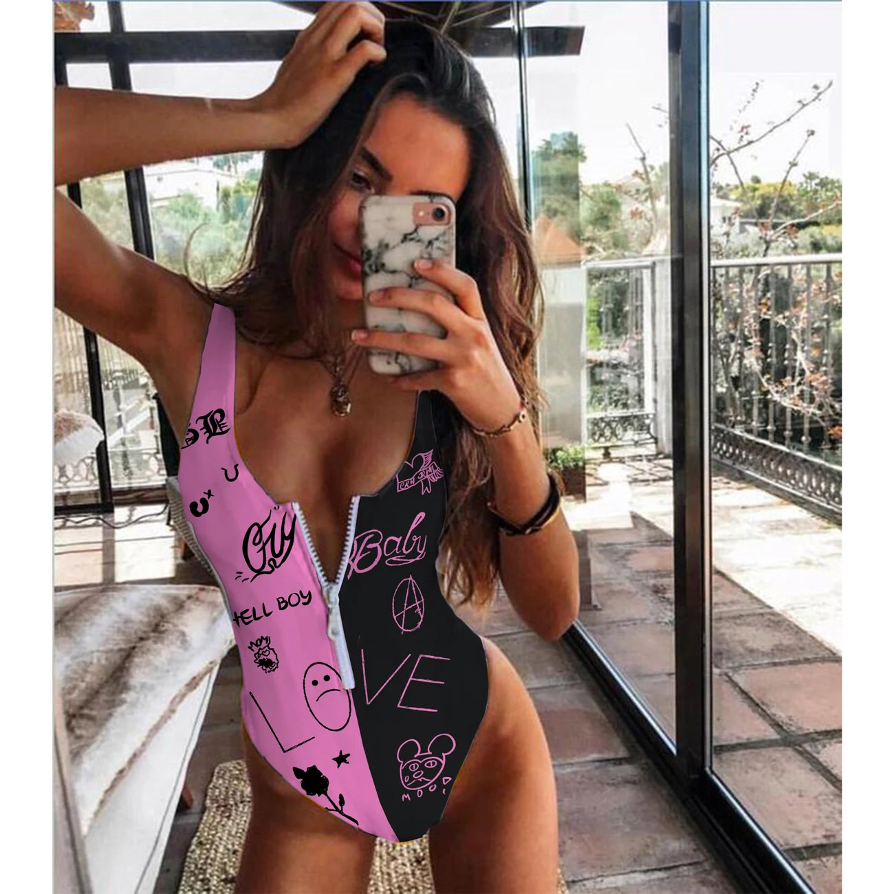 Patchwork Push-Up One-Piece Swimsuit - Bold Monokini Style