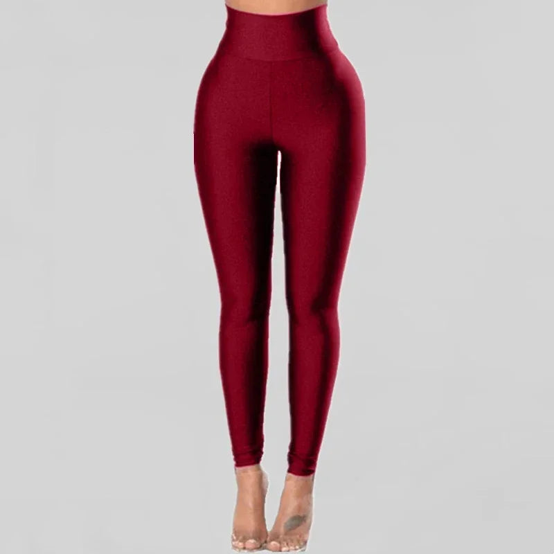Metallic Luster High-Waist Leggings - Shiny Y2K Pencil Fit
