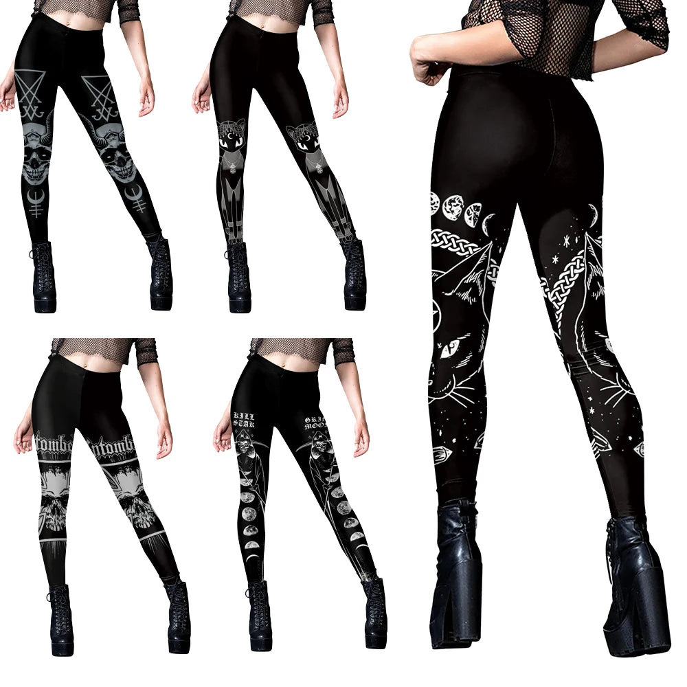 Black Ouija Gothic Leggings - Mid-Waist Stretch Alternative Style