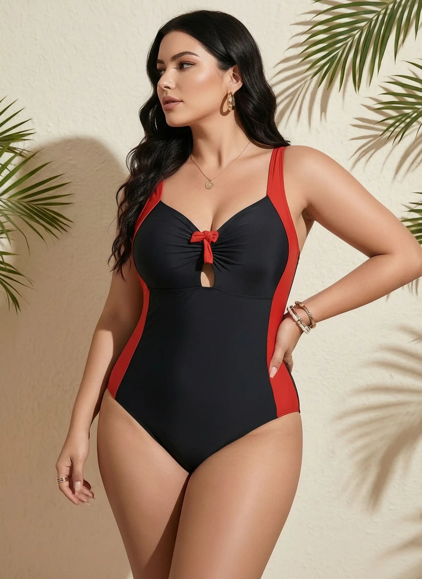 Plus Size Color-Block Bow One-Piece Swimsuit - Tummy Control Fit