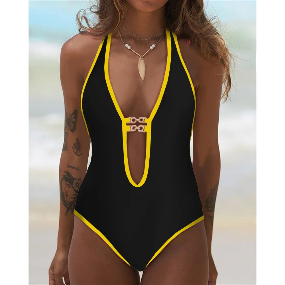 Patchwork Push-Up One-Piece Swimsuit - Bold Monokini Style