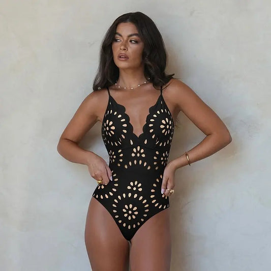 Deep V-Neck One-Piece Swimsuit with Skirt - Laser Cut Floral Detail