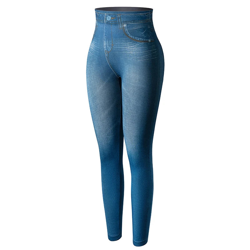 Seamless Faux Denim High-Waist Leggings - Tummy Control Pocket Look
