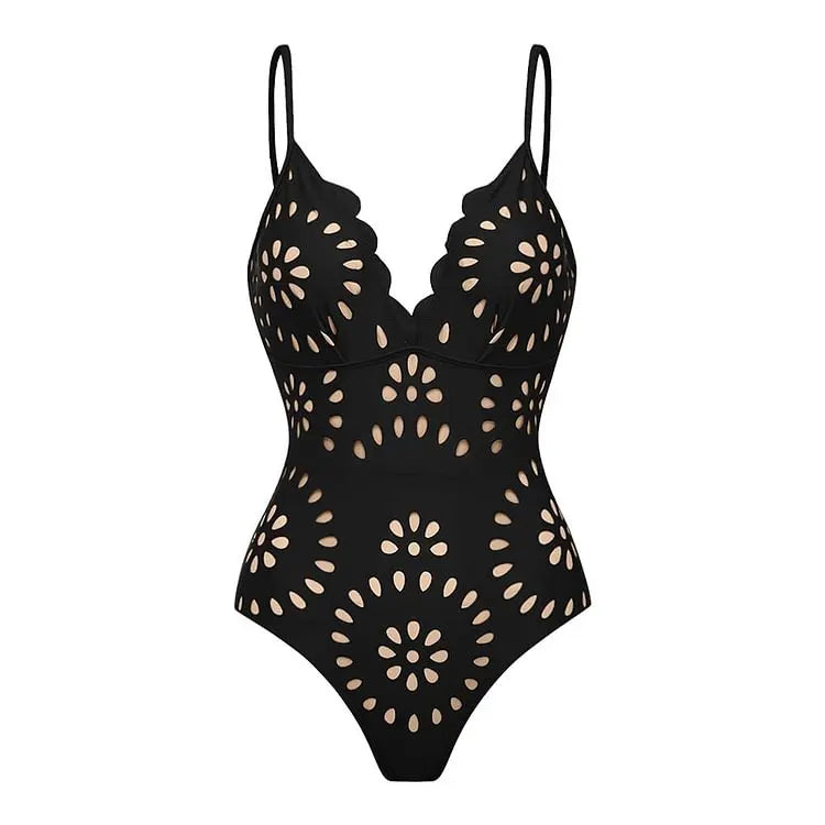 Deep V-Neck One-Piece Swimsuit with Skirt - Laser Cut Floral Detail