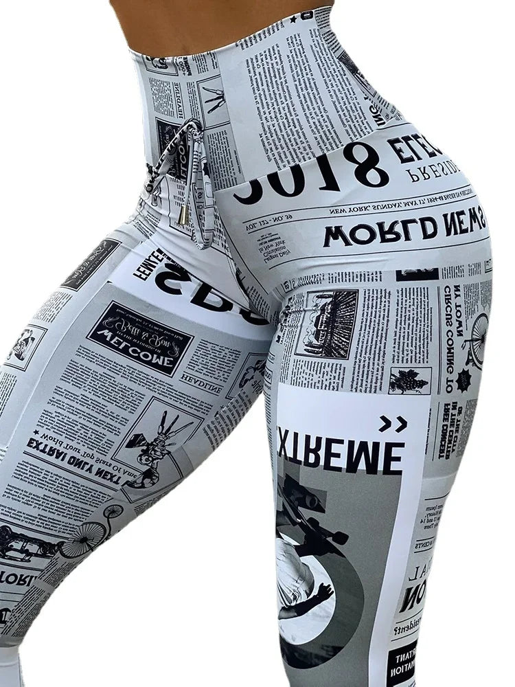 Newspaper Print High-Waist Leggings - Slim Butt-Lifting Summer Fit