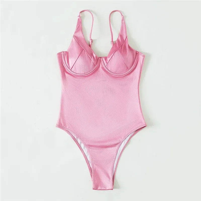 Pink Underwire One-Piece Swimsuit - High-Cut Push-Up Monokini