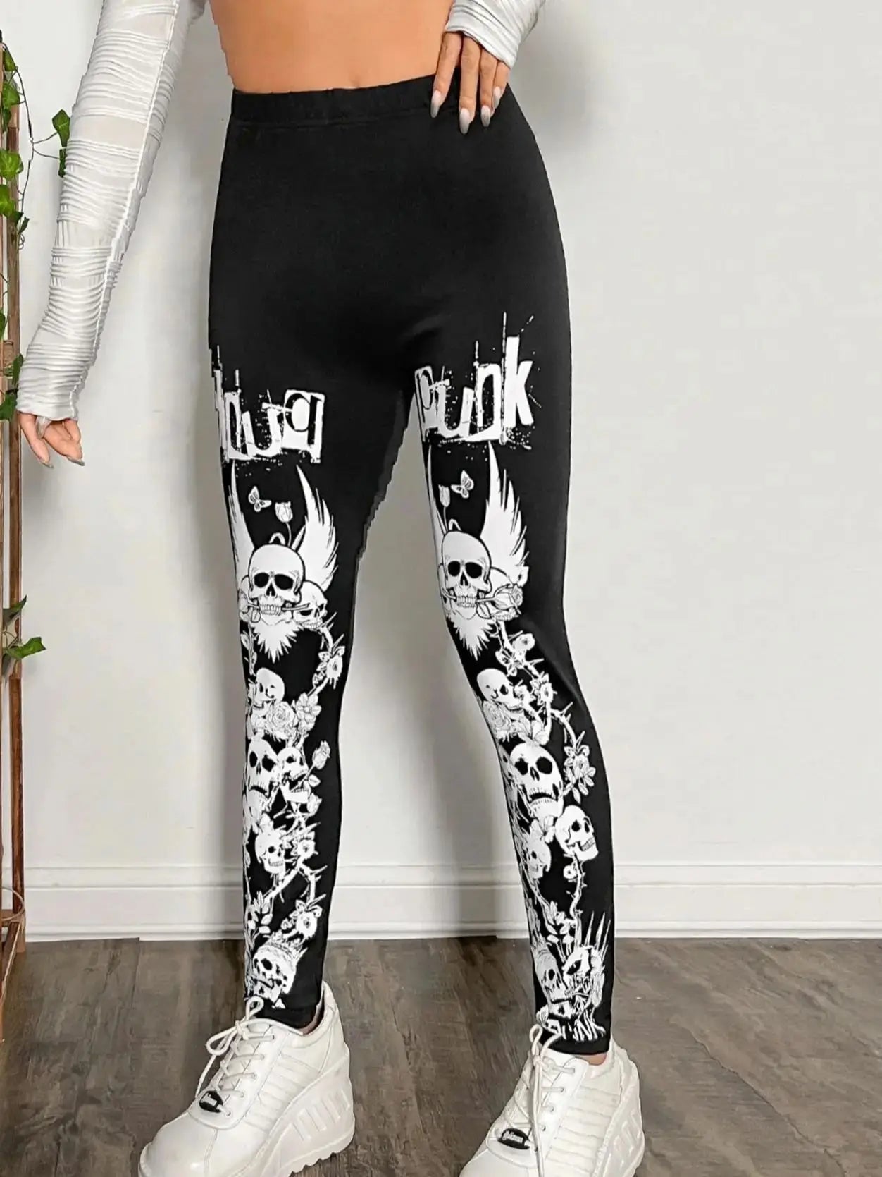 Goth Skull Print Ankle Leggings - Slim Dark Style Stretch Fit