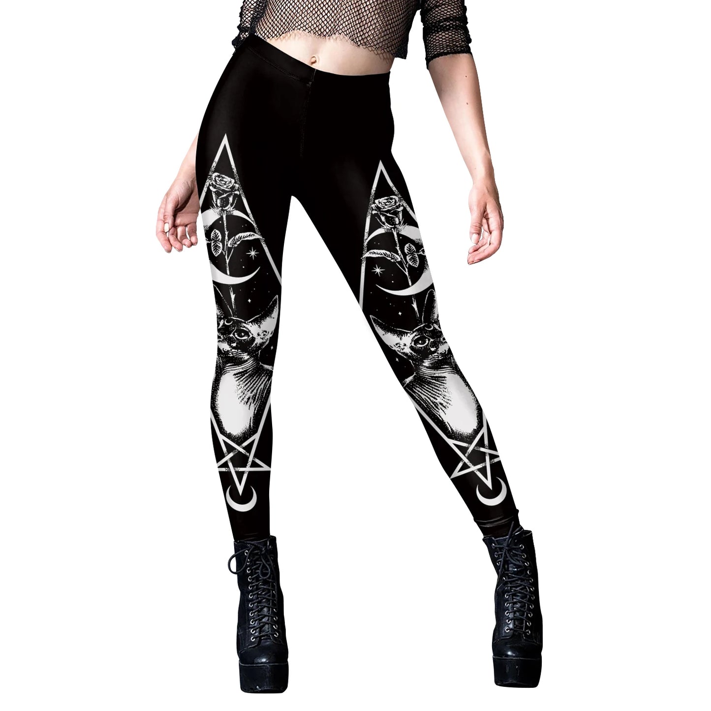 Black Ouija Gothic Leggings - Mid-Waist Stretch Alternative Style