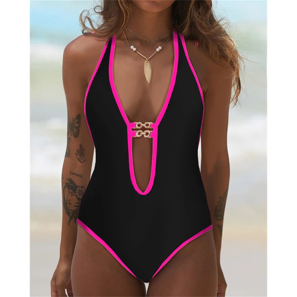 Patchwork Push-Up One-Piece Swimsuit - Bold Monokini Style