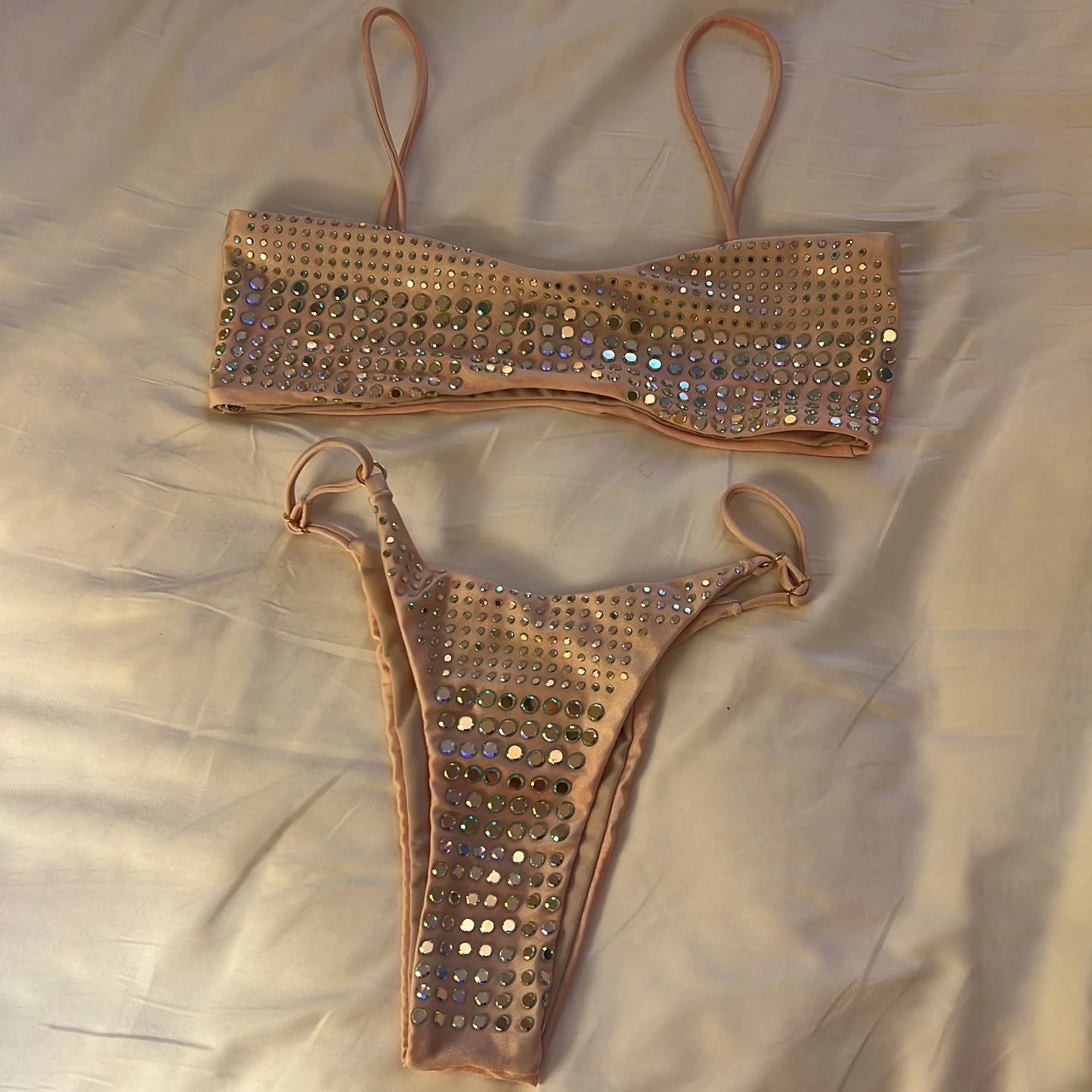 Shiny Bandeau Diamond Bikini Set - Push-Up Floral Swimwear