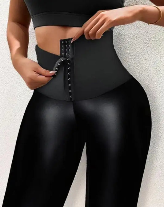 Plus Size High-Waist Tummy-Control Faux Leather Leggings - Women's Sculpting Statement Bottoms