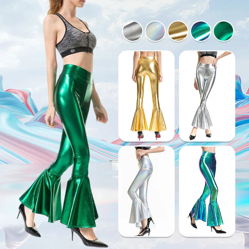 Plus Size Wet-Look Holographic Faux Leather Flare Pants - Women's Sculpting Statement Bottoms