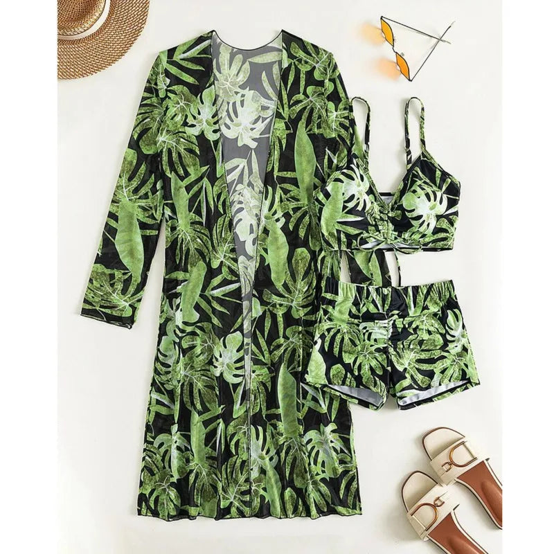 Printed 3-Piece Tankini Set - Push-Up Beach Swimwear