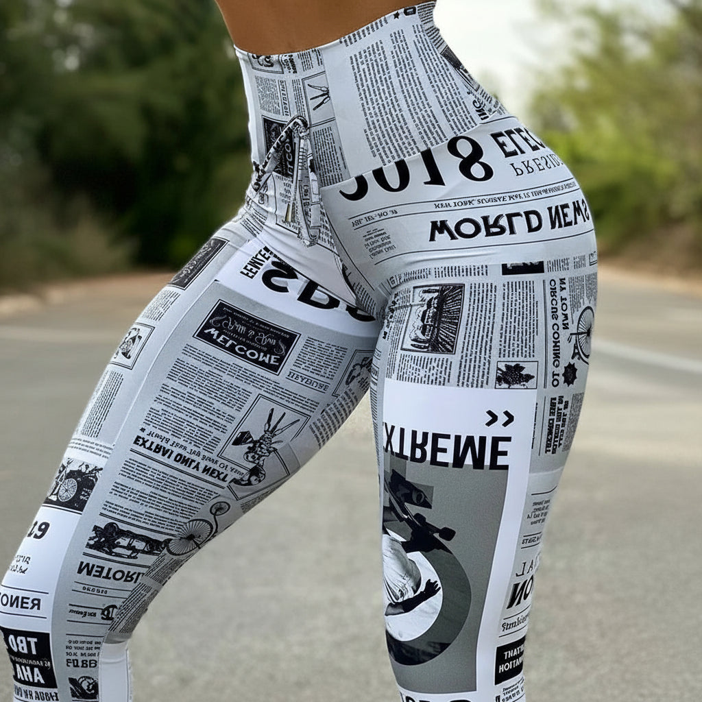 Newspaper Print High-Waist Leggings - Slim Butt-Lifting Summer Fit