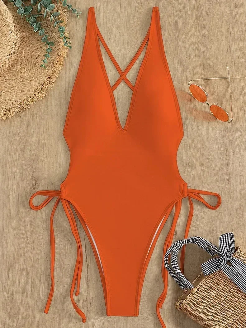 Plunging Lace-Up One-Piece Monokini Swimsuit - Solid Beachwear