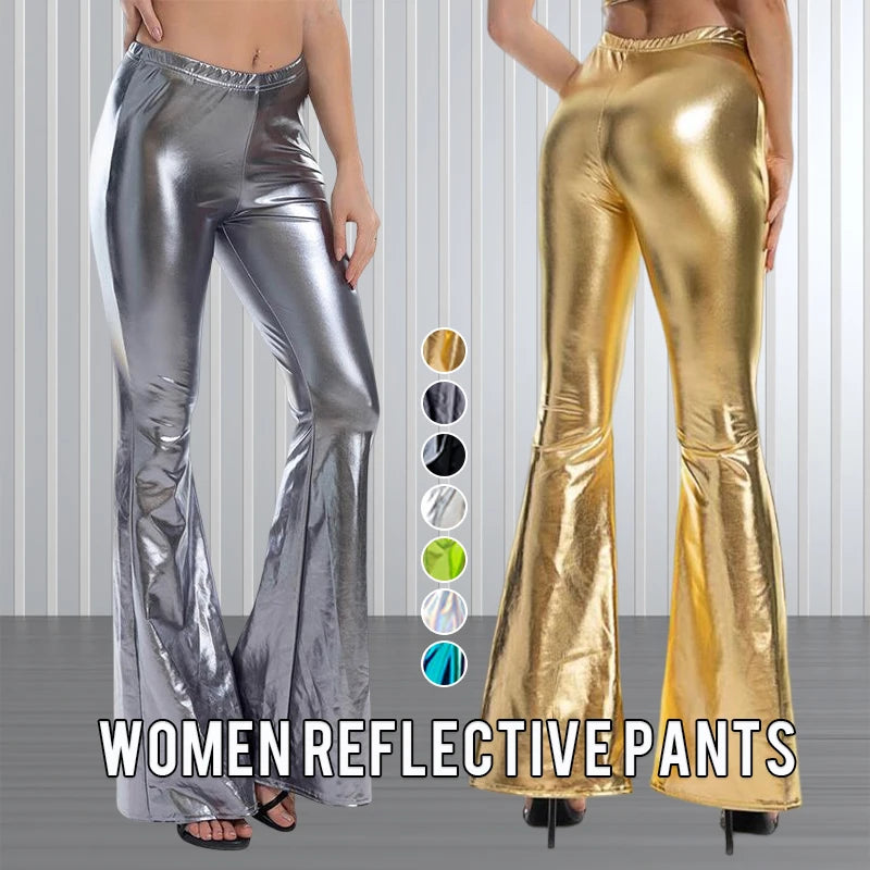 Plus Size Wet-Look Holographic Faux Leather Flare Pants - Women's Sculpting Statement Bottoms