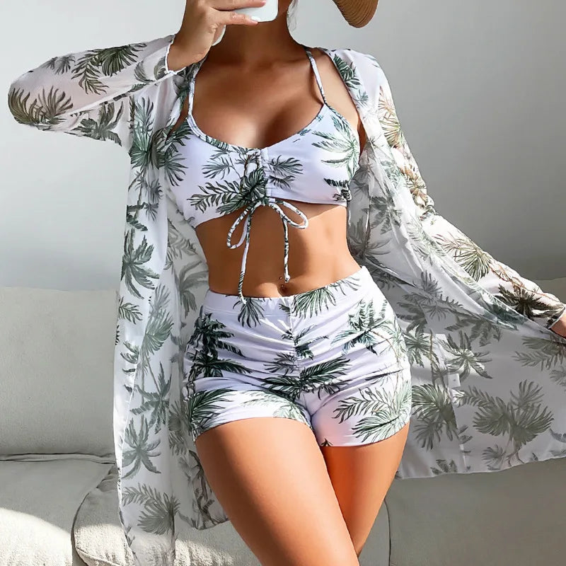Printed 3-Piece Tankini Set - Push-Up Beach Swimwear