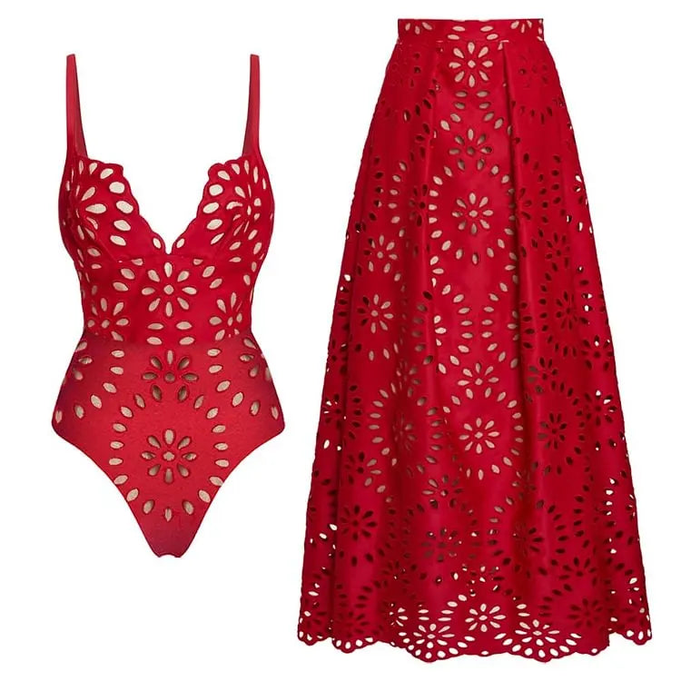 Deep V-Neck One-Piece Swimsuit with Skirt - Laser Cut Floral Detail