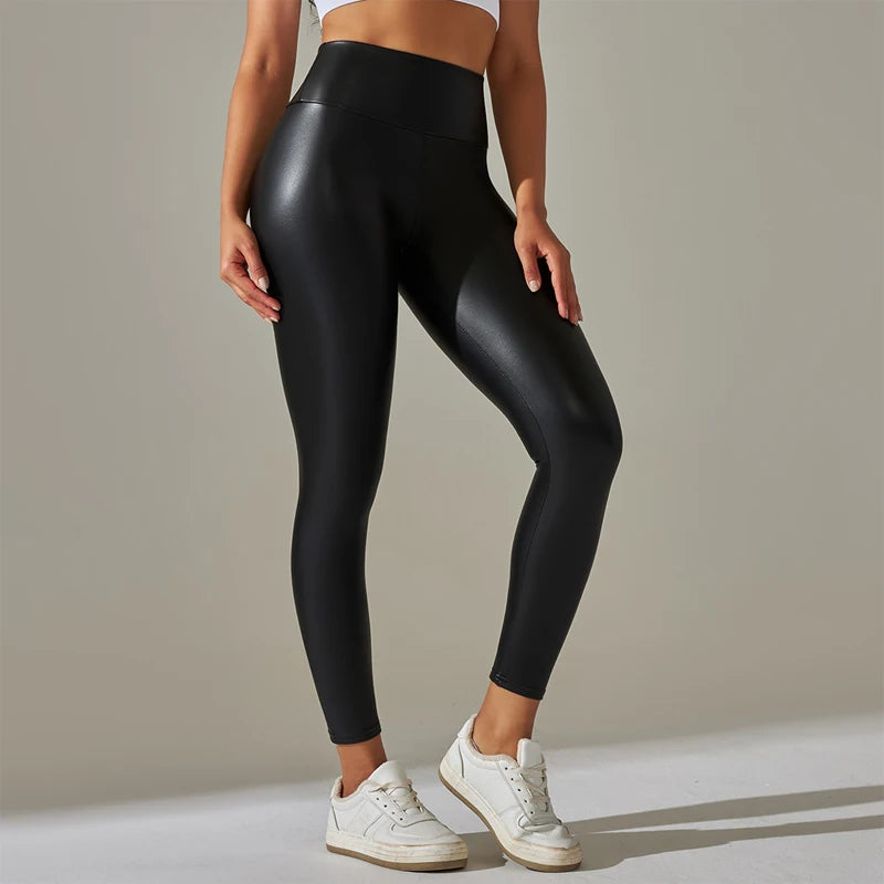 High-Waist PU Leather Leggings - Sleek Stretch Yoga Fit