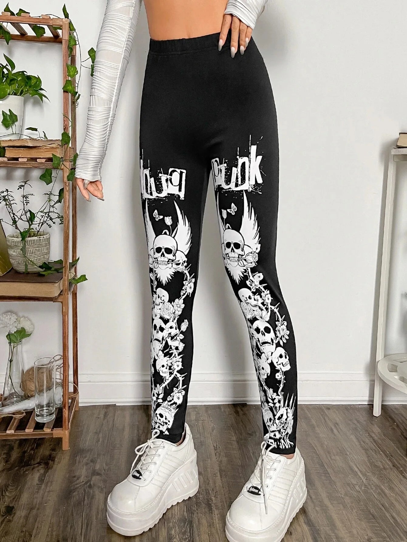 Goth Skull Print Ankle Leggings - Slim Dark Style Stretch Fit