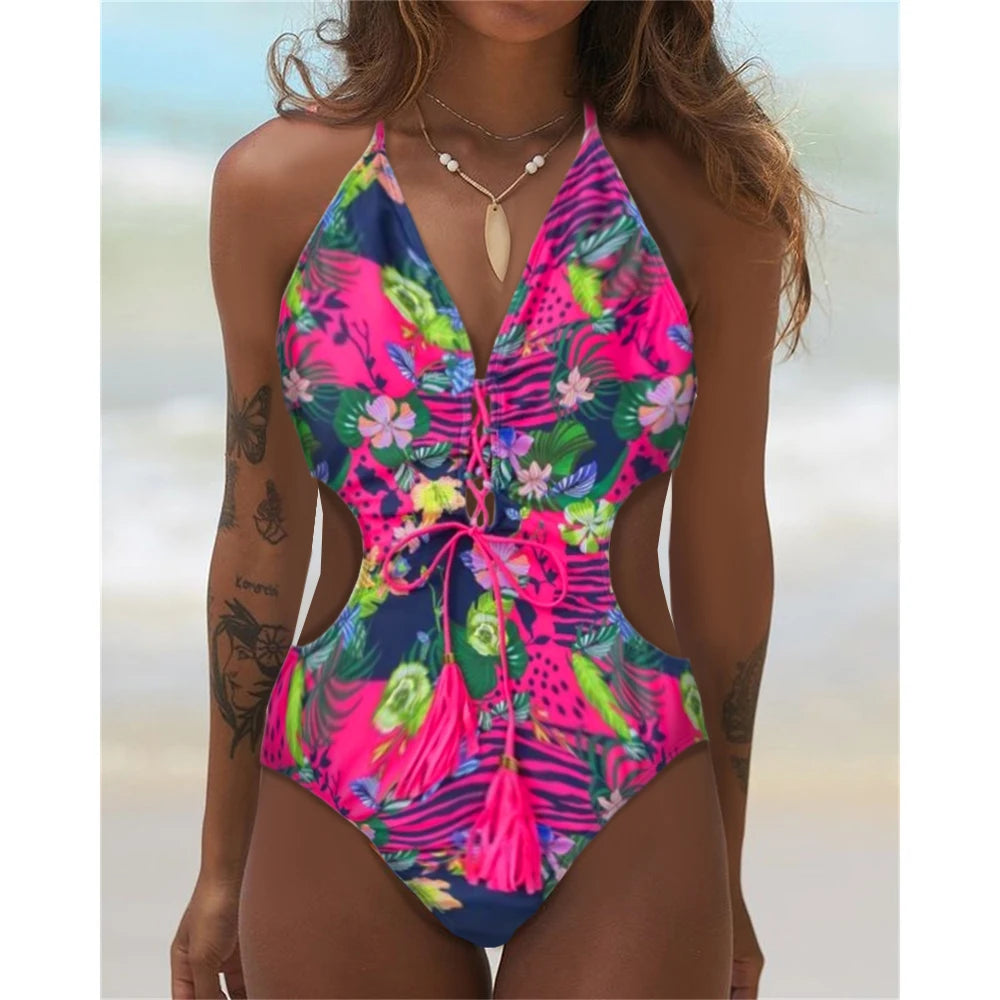 Patchwork Push-Up One-Piece Swimsuit - Bold Monokini Style