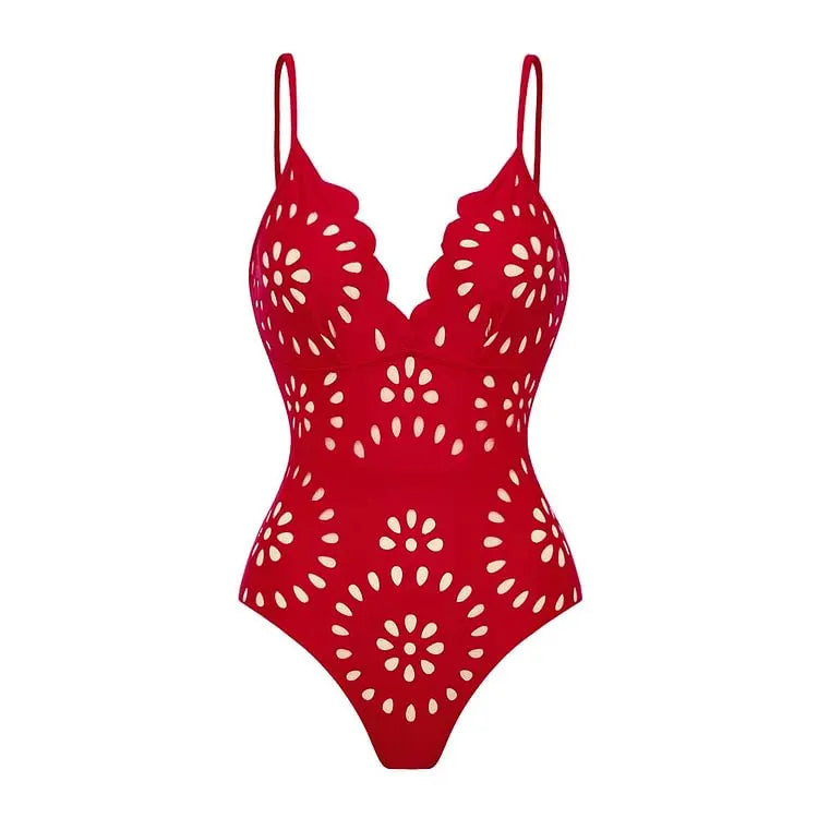 Deep V-Neck One-Piece Swimsuit with Skirt - Laser Cut Floral Detail