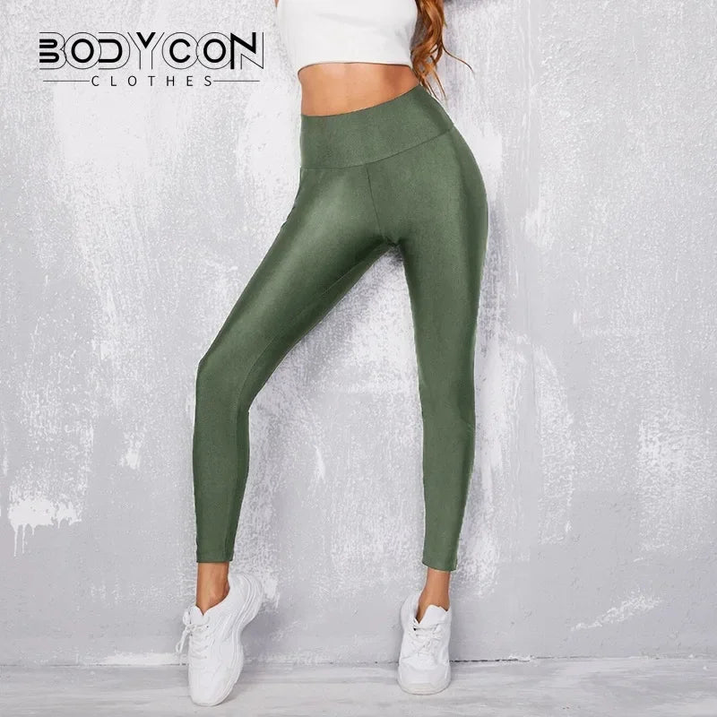 Metallic Luster High-Waist Leggings - Shiny Y2K Pencil Fit