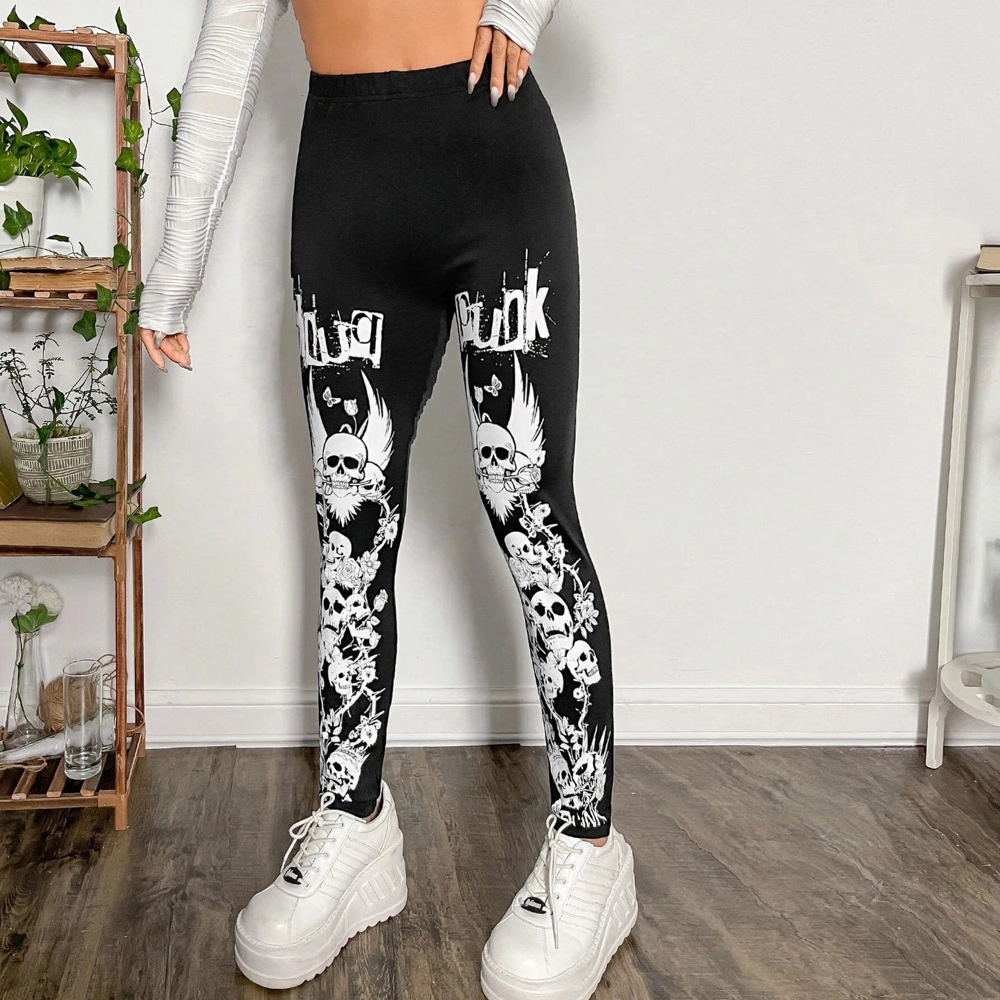Goth Skull Print Ankle Leggings - Slim Dark Style Stretch Fit
