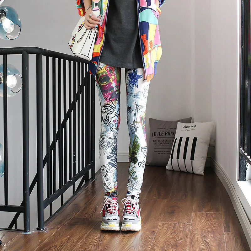 Colorful Street Print Leggings - High-Stretch One-Size Comfort