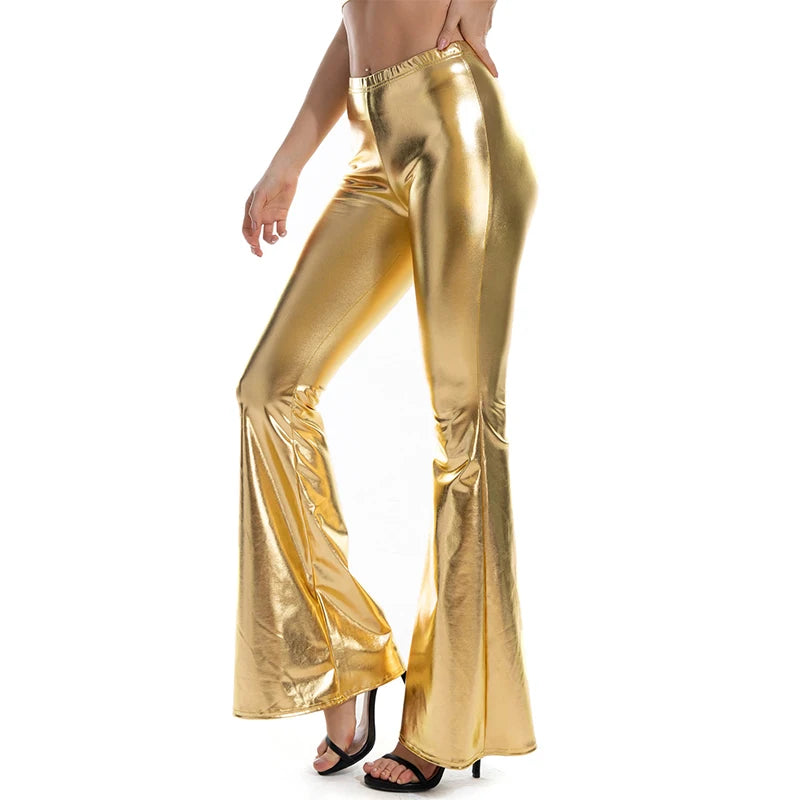 Plus Size Wet-Look Holographic Faux Leather Flare Pants - Women's Sculpting Statement Bottoms