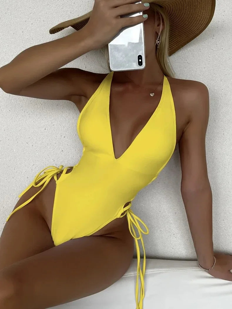 Plunging Lace-Up One-Piece Monokini Swimsuit - Solid Beachwear
