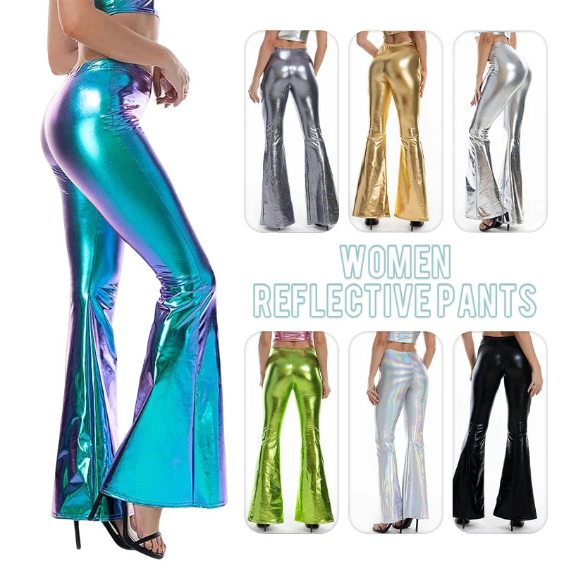 Plus Size Wet-Look Holographic Faux Leather Flare Pants - Women's Sculpting Statement Bottoms