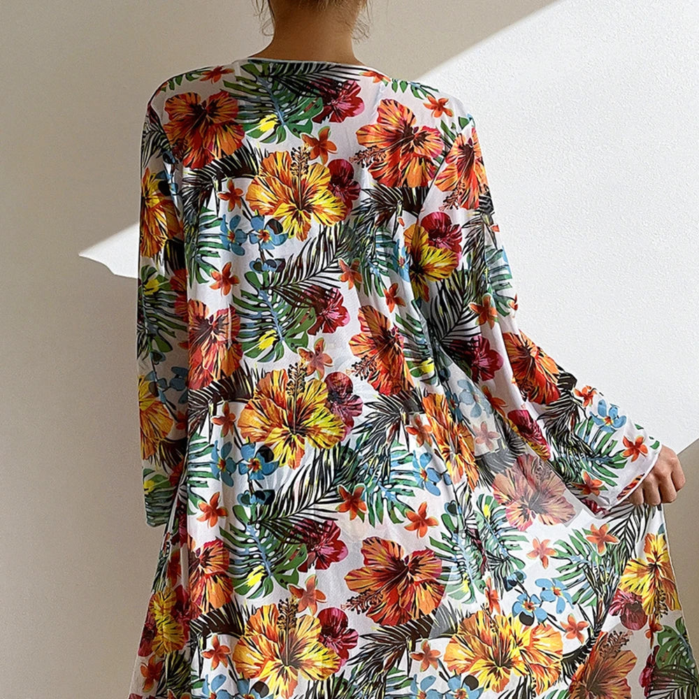 Floral 3-Piece High-Waist Bikini Set - Mesh Long Sleeve Cover-Up